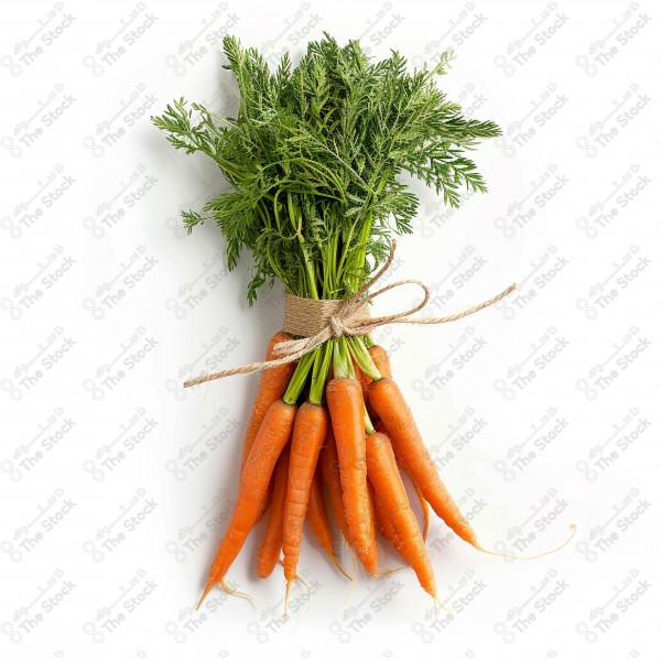 A high-resolution image of a bunch of fresh carrots tied together with green twine. The carrots have long, orange tapering roots with leafy green tops. They are bundled together at the base of the greens with a simple knot.