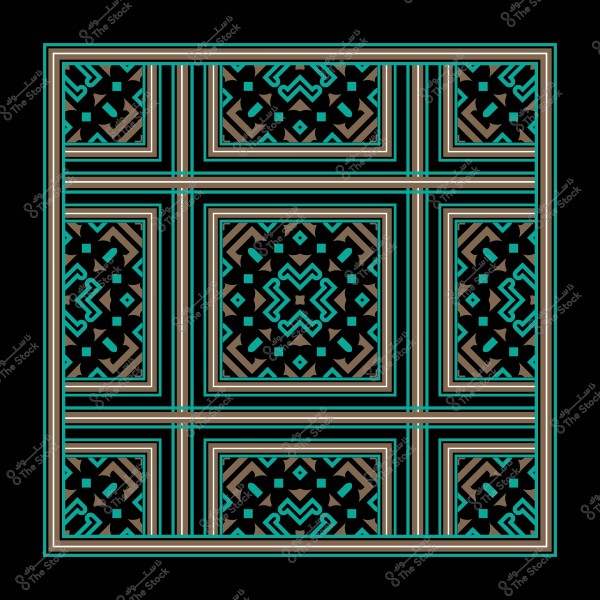 A geometric pattern inspired by Islamic art in blue, beige, and black colors.