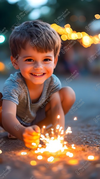 A photo of a young boy sitting on the ground wearing a light gray striped shirt, holding a sparkling firework. He has a wide smile, and his face is illuminated by the sparks, with sunset light in the background. The lights in the background appear as bright, blurred circles.