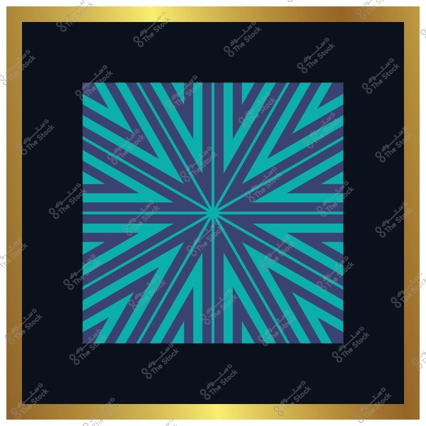 تصميم هندسي متماثل بألوان زرقاء وخضراء بخلفية سوداء وإطار ذهبي.