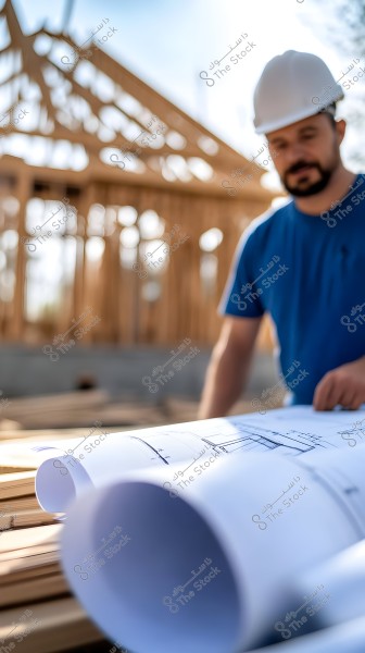 The image shows a man wearing a white helmet and a blue shirt standing near architectural blueprints on a wooden table at a construction site. In the background, there is an unfinished wooden framework of a building. The lighting suggests it is daytime.