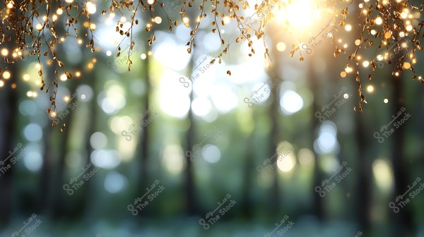 The image shows slender branches of a tree hanging from above, decorated with tiny twinkling lights. The background is blurry, depicting a forest with green and brown trees and sunlight filtering through the branches.