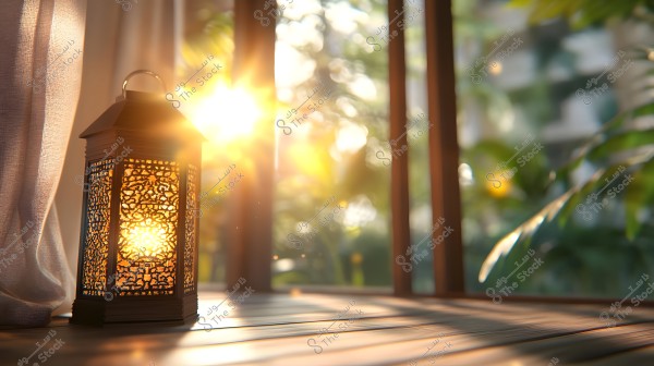 A decorative lantern stands on a wooden floor next to a window, with sunlight streaming from behind, illuminating the intricate patterns of the lantern. The warm colors and reflected light create a peaceful and beautiful atmosphere.