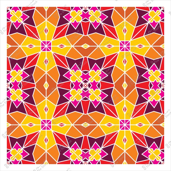 تصميم فسيفساء هندسي بألوان برتقالية, حمراء, وصفراء مع تفاصيل بيضاء.