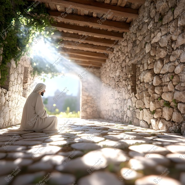 A man sits contemplatively in a stone corridor where sunlight streams through the foliage above. He is wearing traditional white clothing with a head covering, suggesting he might be from a region in the Middle East. The walls are constructed from old stones, and the place has a calm and serene atmosphere.