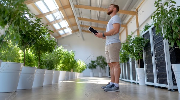 An image of a man standing in a room with green plants in white pots, holding a tablet. He is wearing a light gray shirt, beige shorts, and gray sneakers. The room is spacious and well-lit with natural light, suggesting it is indoors or a greenhouse with a transparent roof.