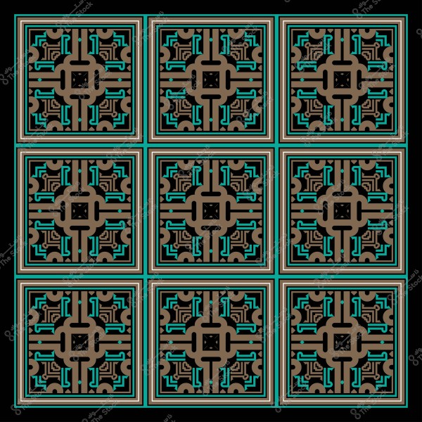 Islamic decorative pattern composed of nine squares, featuring symmetrical geometric designs in brown and turquoise.