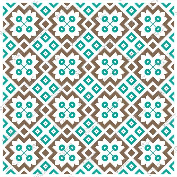 نمط هندسي مكون من أشكال زهرية باللونين الأزرق والبني متكررة على خلفية بيضاء.