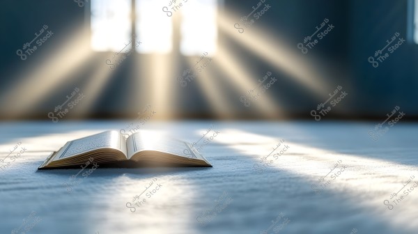 The image shows an open book placed on a light blue carpet in a brightly lit room. Sunlight streams through the window, illuminating the book and creating a serene and bright atmosphere.