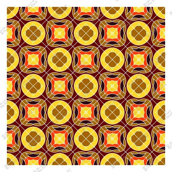 صورة لنمط هندسي متماثل يحتوي على أشكال دائرية ومربعات مكدسة بطريقة متكررة. الألوان المستخدمة تشمل الأصفر والبرتقالي والبني, مما يضفي على النمط مظهرًا دافئًا وجذابًا. التصميم يعكس أسلوب الفنون الإسلامية أو الزخرفة الشرقية التقليدية.

-