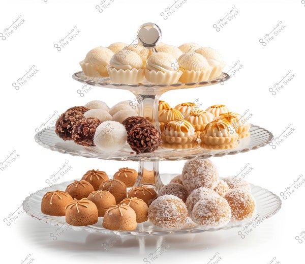The image shows a three-tiered serving tray with a variety of desserts. There are smooth white balls, chocolate-covered treats, and desserts topped with cream and caramel. The transparent glass plates elegantly display the sweets against a white background.