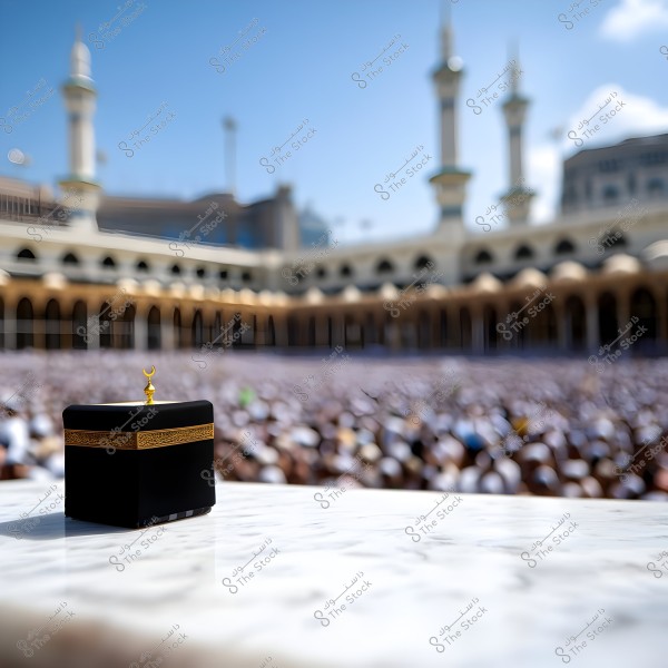 صورة للكعبة المشرفة في المسجد الحرام بمكة المكرمة, تظهر في المقدمة منصة رخامية, وفي الخلفية حشد من الناس يؤدون الطواف حول الكعبة. تظهر المآذن في السماء الزرقاء, وتحيط الكعبة بمجموعة من الأقواس المعمارية.