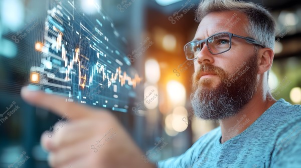 A bearded man wearing glasses is observing a digital screen displaying data and analytics. Numbers and graphs are prominently displayed on the screen, and the man appears focused on the task. The lighting creates a modern and technological atmosphere in the background.