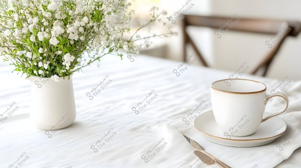 The image shows a table covered with a white cloth, featuring a white ceramic vase with small white flowers and green stems. Beside the vase, there is a white cup and saucer on the table, with a knife next to them. The background includes a wooden chair, giving a serene and clean ambiance.