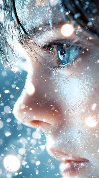 A close-up image of a person\'s face seen from the side. The eye is bright blue and reflects light, with the face covered in small crystals resembling snow or ice. The background is blurred with scattered light effects, giving a magical or wintry appearance.