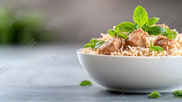An image of a white dish containing cooked rice with pieces of meat, garnished with fresh basil leaves. The background is a soft gray, which highlights the vibrant colors of the food.