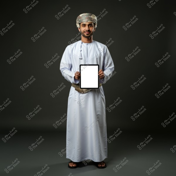 A portrait of a man wearing traditional Omani attire, featuring a white dishdasha and a kumma on his head, holding a tablet with a blank white screen. He is standing against a dark grey background.