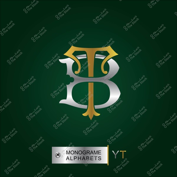 Logo featuring the letters "B" and "T" in a monogram design with a combination of silver and gold colors on a dark green background with the text "MONOGRAM ALPHABETS".