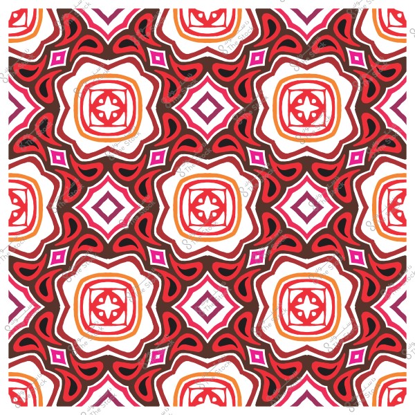 نمط هندسي متماثل بألوان حمراء وبرتقالية ووردية, يتكون من أشكال متداخلة تشبه الأزهار والمربعات والأشكال الدائرية.