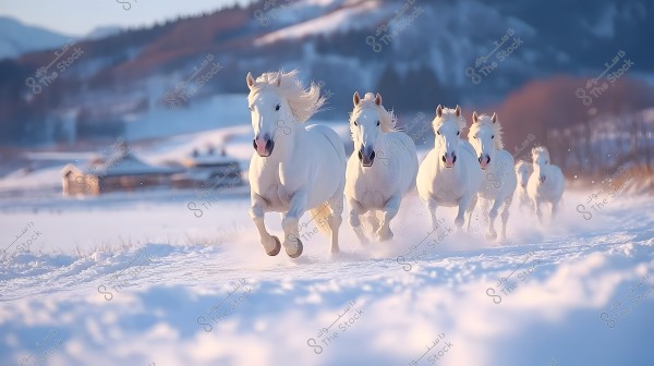 A group of white horses running through the snow in a natural mountainous area. The horses are clearly visible in the foreground, while in the background, there is a snowy mountain landscape with some small wooden houses. The sky is shaded in light blue tones.