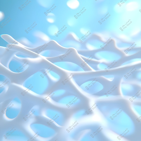 The image shows a 3D abstract pattern that appears to be a soft interwoven white mesh against a glowing blue background. The mesh contains various sizes of ovals and circles, giving an impression of movement and flow in the design.