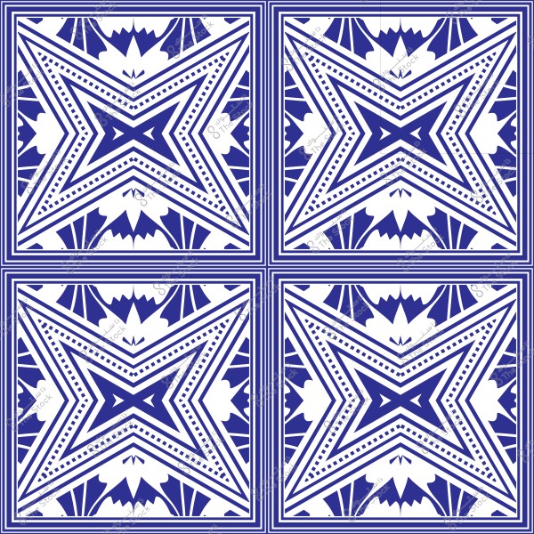 نمط هندسي متكرر باللونين الأزرق والأبيض, يتكون من أشكال نجمية وزخارف مستطيلة. التصميم مكون من أربعة مربعات متماثلة, كل منها يحتوي على خطوط منحنية ونقاط متناثرة بتناوب منتظم, مما يخلق إحساسًا بالتماثل والتناغم.