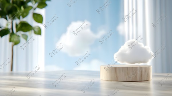 An image of a white cloud hovering above a circular platform made of light wood. In the background, there are sheer curtains and a plant with green leaves on the left side, along with a clear blue sky and white clouds.