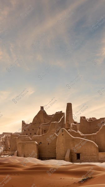 Image of a historic mud-brick city showing weathered walls, situated in a desert region. The sky in the background is lightly clouded during sunset, casting warm colors on the surrounding sands.
