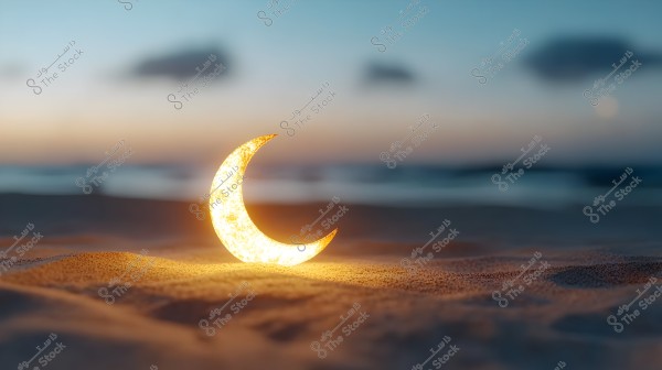 An image of a serene landscape showing a glowing crescent moon placed artistically on the sand with a background of sunset sky and distant sea waves on the horizon, adorned with light clouds.