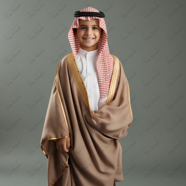 A child wearing Mishlah, traditional saudi clothing, a thobe, National Day, Founding Day, through artificial intelligence.