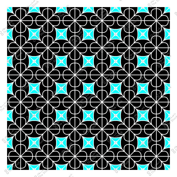 نمط هندسي ملون بتكرار متماثل, يتكون من أشكال زهرية باللون الأسود مع تفاصيل بيضاء ومحاور متقاطعة, ومربعات زرقاء فاتحة في المنتصف, يشكل تصميماً متناظراً يعكس التناغم والجمال البصري.

-