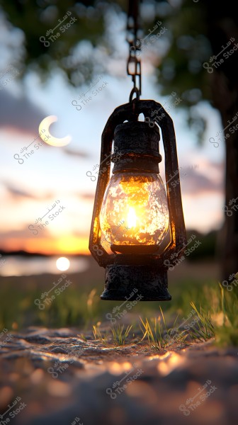 An old metallic lantern suspended in the air amidst a natural sunset scene. The glowing sunlight filters through the glass, creating a warm radiance. In the background, there are trees and the faint outline of a crescent moon in the sky, with a river or lake visible at the horizon below.