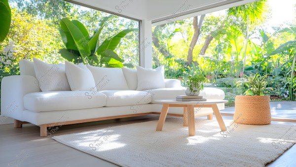 A bright living room features a large white sofa with several white cushions, and a wooden coffee table with a green plant in a pot. The room overlooks a lush green garden through large glass windows, showcasing tropical trees and plants outside.