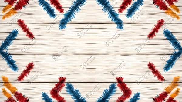 Image of a light-colored wooden background adorned with garland-like decorations in blue, red, and orange. The arrangement is symmetrical from the sides, top, and bottom, creating an appealing decorative effect. The large central area provides space for text or other elements.