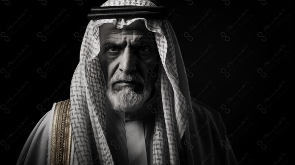 An artificial intelligence image of a Saudi man expressing heritage and history, wearing Saudi clothes with a black background.