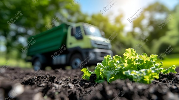 An image of a green plant growing in a field with a blurred green truck in the background. The focus is on the plant, which appears fresh and vibrant under the sunlight, while the truck is set in an area surrounded by trees and greenery.