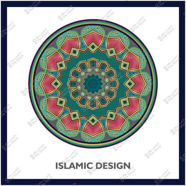 تصميم دائري هندسي إسلامي بألوان زاهية تضم الأنماط التقليدية.
