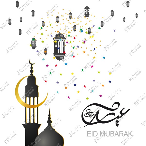 صورة تهنئة بعيد الفطر تحتوي على فانوس وهلال ومآذن محاطة بنجوم ملونة وكلمة \"عيد مبارك\" مكتوبة بالعربية والإنجليزية.
