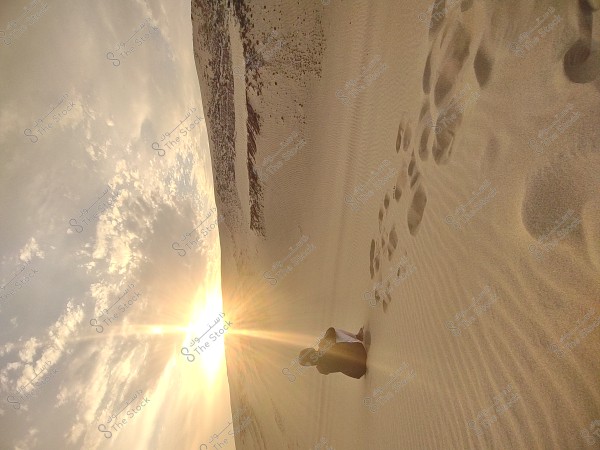 The image shows a person sitting in a vast desert, gazing at the sunset. The horizon is bright with golden rays of the sun fading into a partly cloudy sky. The sand is smooth with visible footprints leading towards the horizon. The atmosphere appears calm and serene.