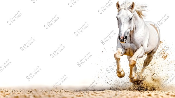 A white horse running in the desert, with sand flying around its hooves. The background is white, emphasizing the horse\'s speed and movement.