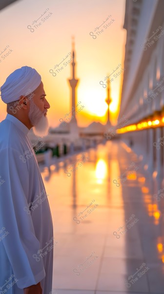 A portrait of a man wearing a white thobe and a white turban standing in an outdoor corridor. In the background, mosque minarets are visible with a beautiful sunset, creating a golden reflection on the marble floor.