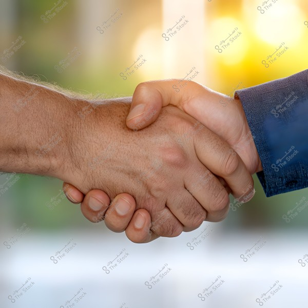 An image showing two hands shaking hands. The left hand is bare, while the other is wearing a long-sleeved blue shirt. The background is blurred with warm green and orange colors.