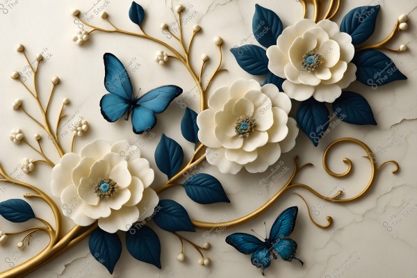 An artistic image featuring large, ornate white flowers with dark blue leaves and an intricate golden stem. Blue butterflies surround the flowers, enhancing the aesthetic. The background is a neutral surface with a light marble pattern.