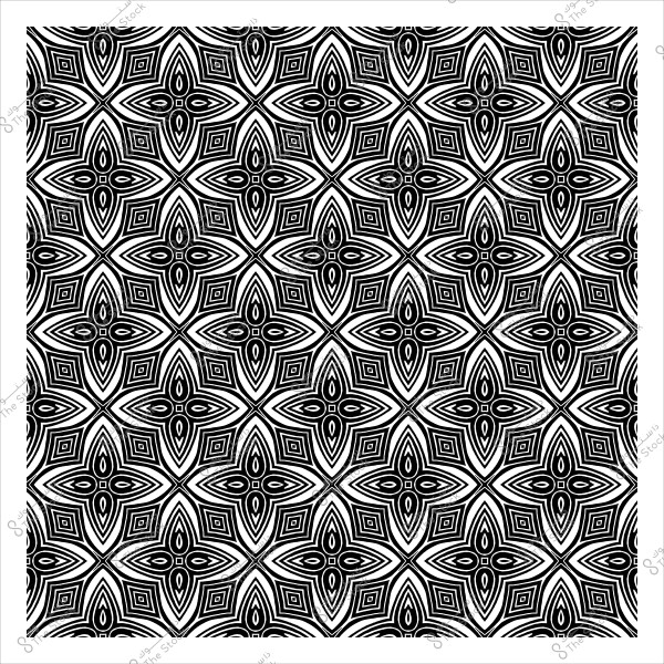 A geometric ornamental pattern in black and white featuring repeated shapes resembling flowers and stars.