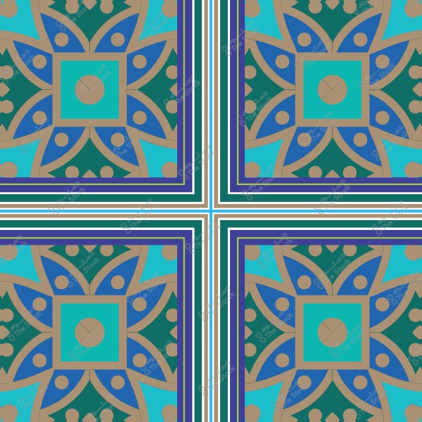 Colorful geometric pattern with a mosaic design, featuring square shapes and circular motifs in blue, green, and yellow.