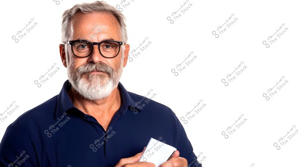 A portrait of a man with gray hair and a white beard, wearing glasses and a dark blue shirt. He is holding a small piece of paper against a white background.