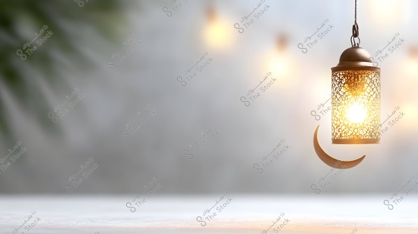 The lantern in the image has an intricate metal design with a glowing light inside. There is also a decorative crescent below the lantern. The background is blurred with distant lights and hints of green foliage.