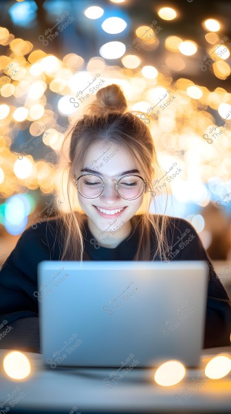A portrait of a woman wearing round glasses, smiling while using a laptop. She is dressed in a black sweater and her hair is tied up in a bun. The background features bright golden and white bokeh lights, creating a warm and cheerful atmosphere.