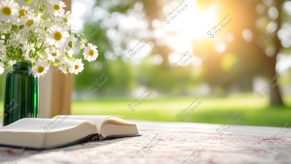 An open book is placed on a table adorned with a patterned white cloth, next to a green glass vase holding a bouquet of white flowers. The background features a green natural scenery with sunlight filtering through the trees, creating a bokeh effect.