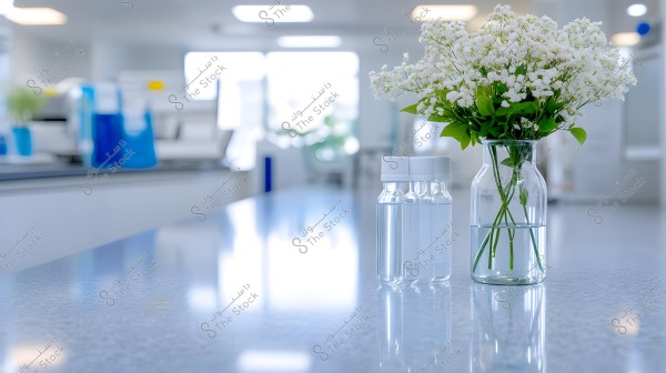 An image of small white flowers arranged in a glass vase placed on a shiny surface in a modern laboratory. Next to the vase are three sealed vials containing clear liquid. The background is blurred, showing lab equipment indistinctly.